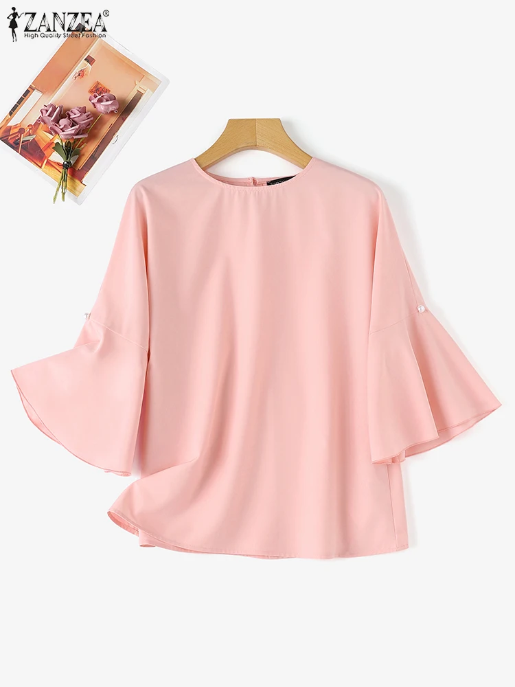 ZANZEA Women Elegant Flare Blouse 2024 Summer Tops 3/4 Sleeve Round Neck Shirt Casual Pearl Stitching Female Luxury Party Tunic