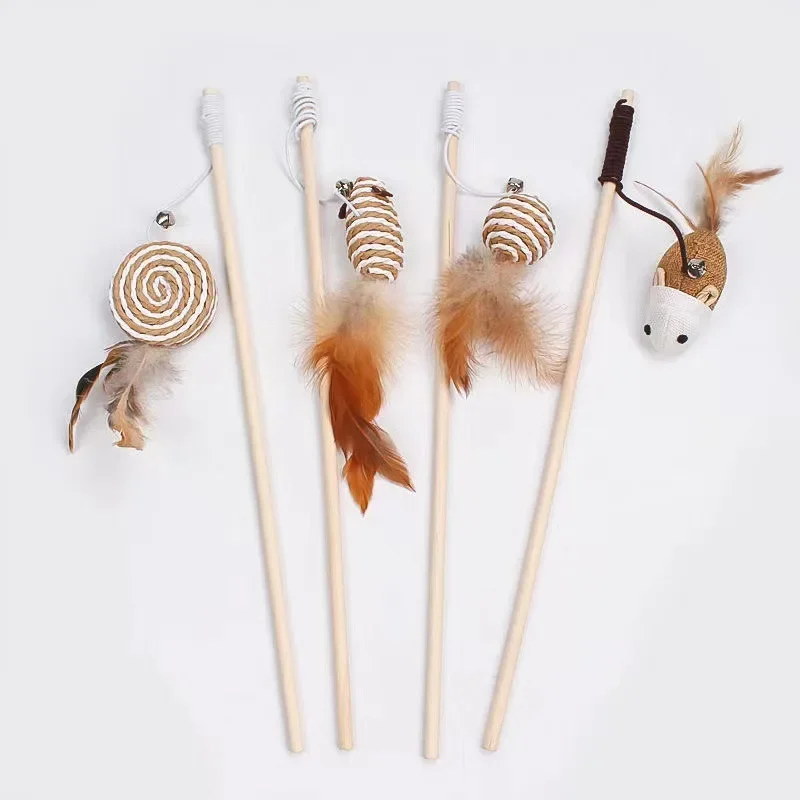 1PC Wood Pet Toys Cat Teaser Rod Interactive Funny Cat Rod Linen Knitted Stick with Mini Bell Cat Accessories