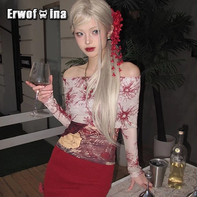 Erwofeina Floral Graphic T Shirts Woman Clothes Off Shoulder 2000s Clothes Y2k Long Sleeve Indie Folk Tees Female Clothing Chic