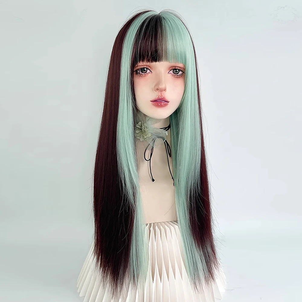 Peruca sintética marrom misturada com destaques verdes, peruca reta com franja para mulheres, cosplay diário, festa, lolita, cabelo falso realista