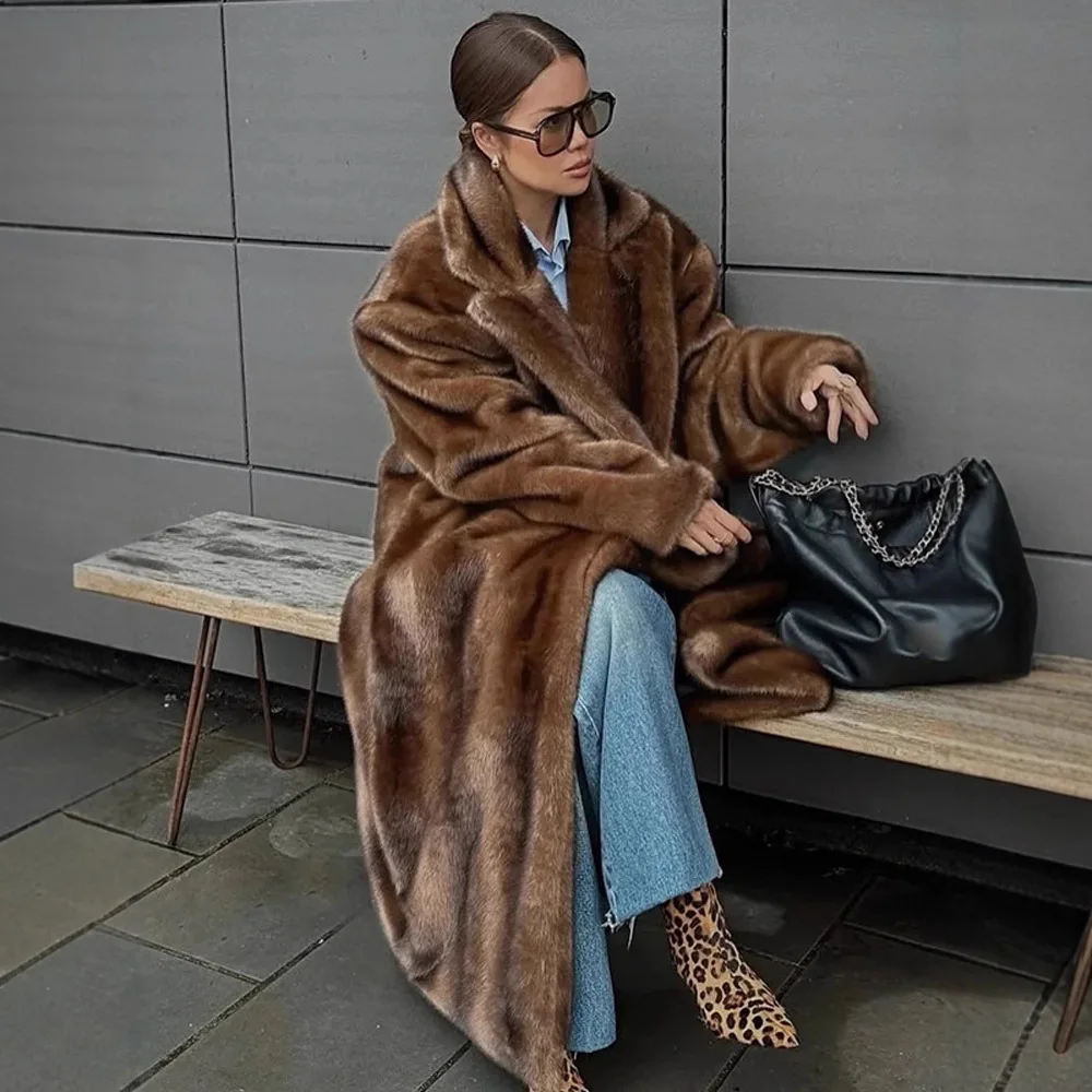 KIDCRKJ Winter Vrouwen Kunstbont Jas Enkele Breasted Pluizige Faux Lange Bontjas Voor Lady Revers Vrouwelijke Pluche Bontjas