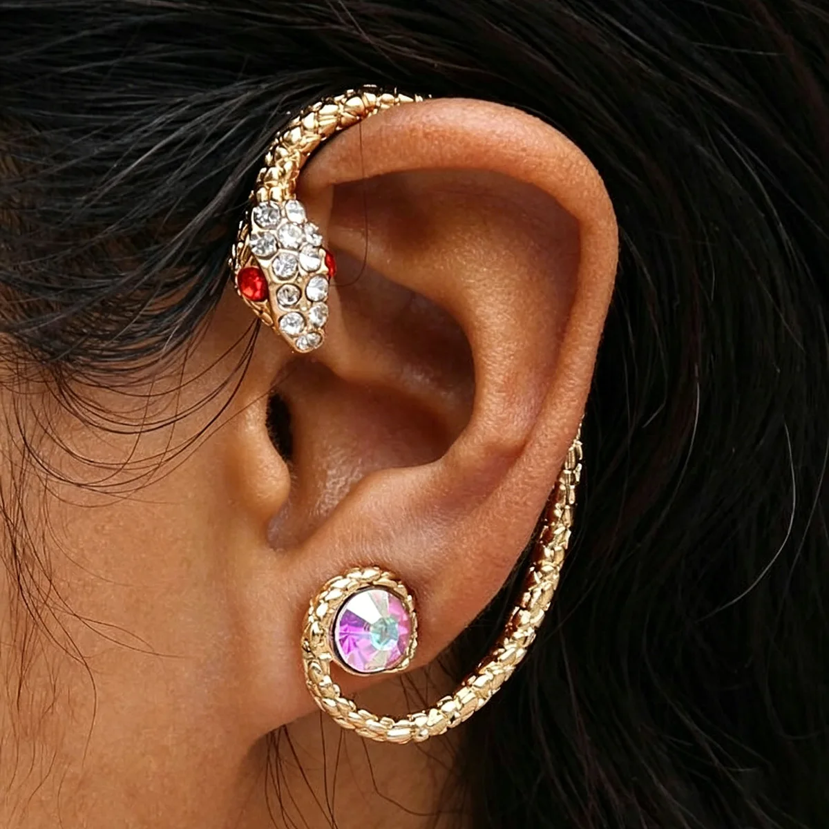 E14876 personalized exaggerated snake-shaped pinna earrings, sexy flash diamond integrated earbone clip earrings for women