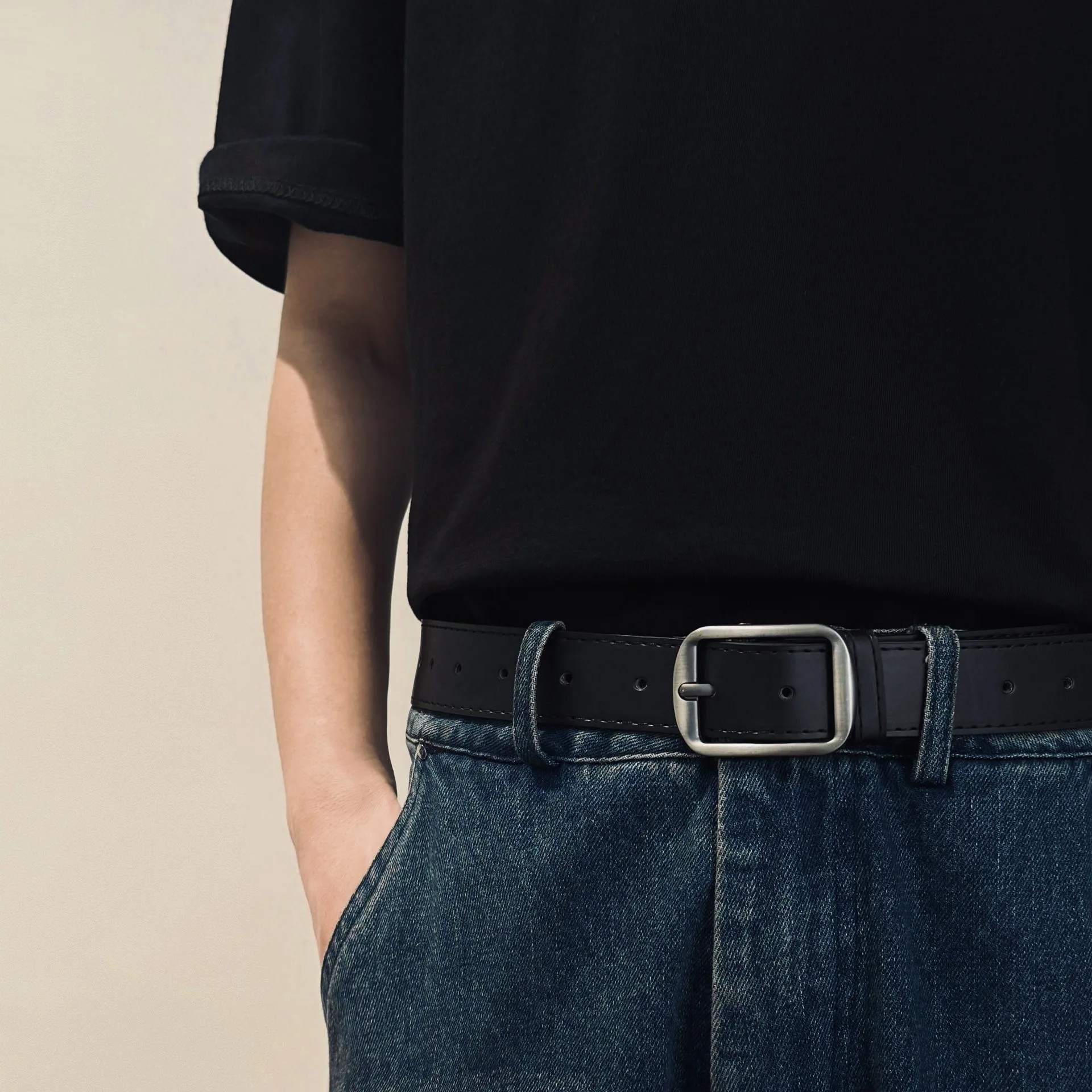 Modischer quadratischer Dornschließen-Gürtel im minimalistischen Slim-Fit-Stil, Punk-Millennial-Metallschnallengürtel, hochwertig, echt, lässig, vielseitig einsetzbar – Detail 6