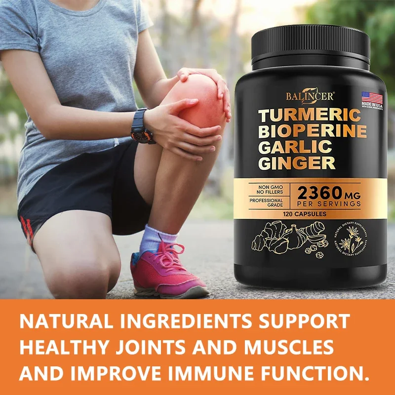 Turmeric Alkaloids Garlic Ginger Capsules - for Muscles Joints Antioxidant Immunity Heart Brain Skin Digestion Supplement