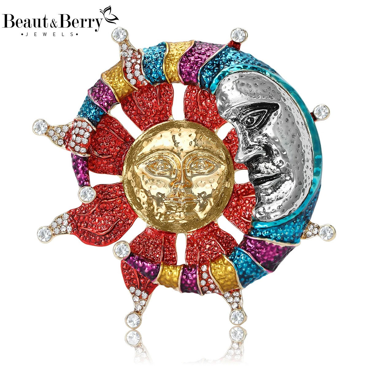 Beaut&Berry Trendy Rhinestone Moon Sun Brooches for Women Unisex Novelty Pins Casual Party Jewelry Accessories Gifts Decoration