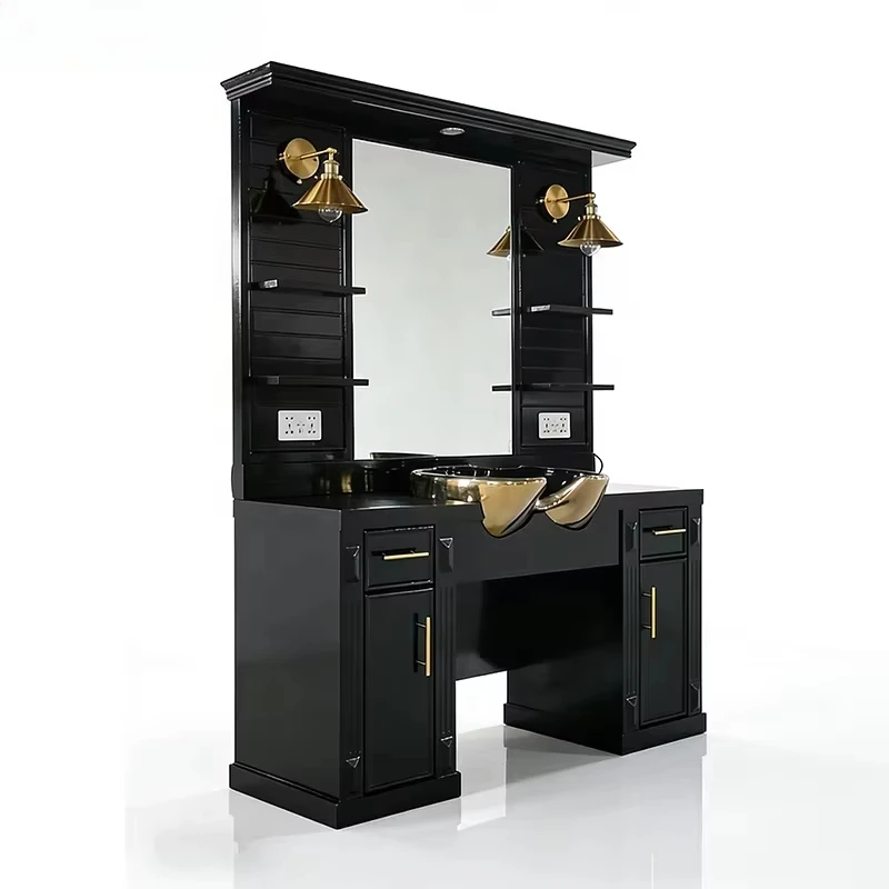 Luxury High Barber Shop Furniture Salon Mirror Multifunctional Black Wooden Barber Station With Shampoo Basin Hair Mirror Table