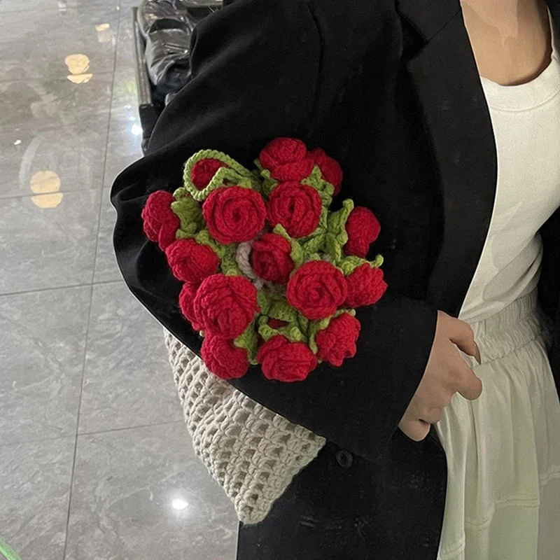 Bohemian Cotton Rope Knitted Large Capacity Shoulder Bag with Hollow out Flower Crochet Rose Bouquet Design for Beach Use