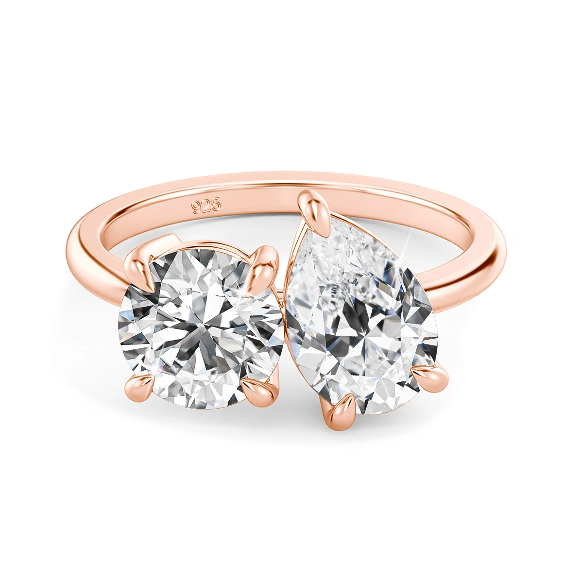 Runder Birnenförmiger Moissanit-Diamantring für Damen, Zweisteinige Eheringe, 925 Silber, 18k Vergoldet, Verlobungsschmuck – Detail 6