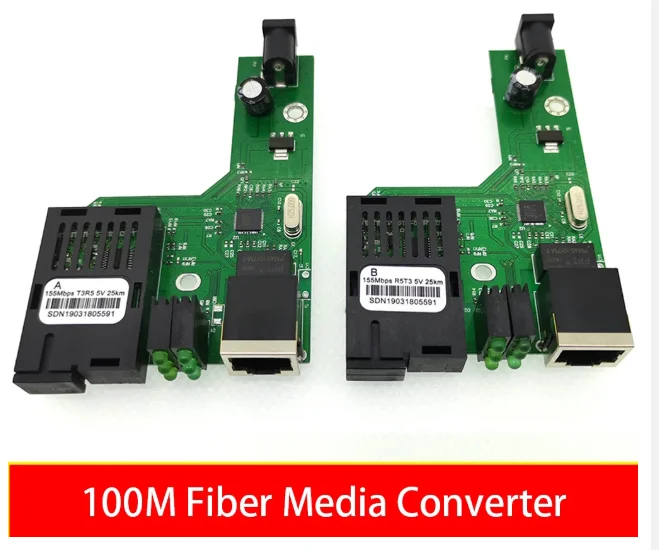 1 Pair HTB-3100AB 100M Optical Fiber Media Converter 25km SC 10/100M Singlemode Single Fiber PCBA