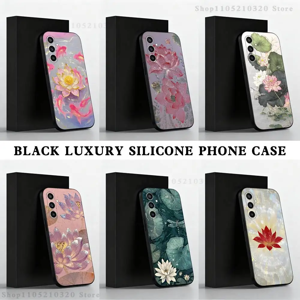 حافظة هاتف بنمط اللوتس الذهبي لهاتف سامسونج S 25,24,23,22,30,21,10,9,Ultra,Plus,Lite,FE,4,5G حافظة ناعمة سوداء #1