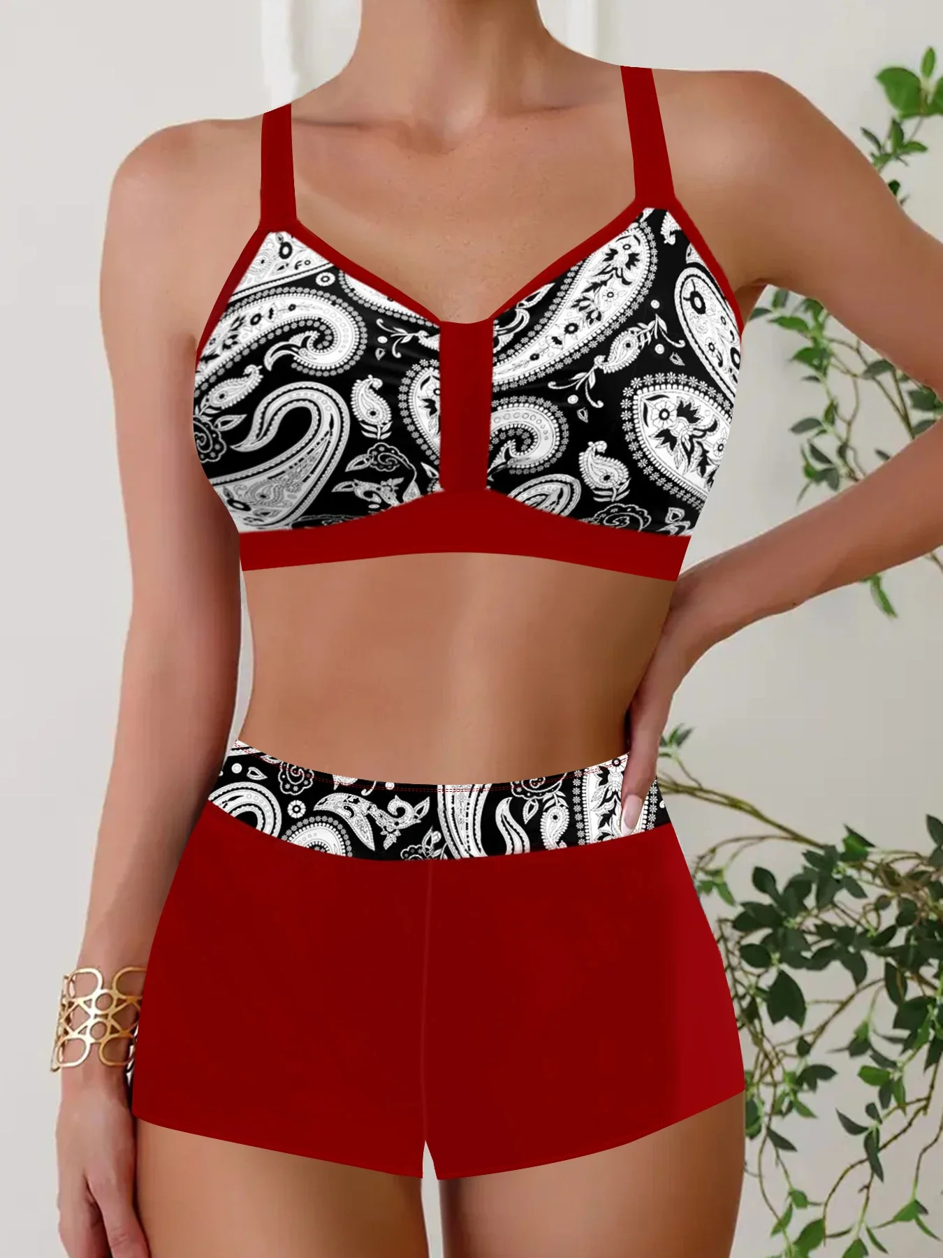 New High-quality Summer Women\'s Swimsuit Fashionable Vacation Sexy Mimosa Print Bikini Shorts Two-piece Set S-5XL