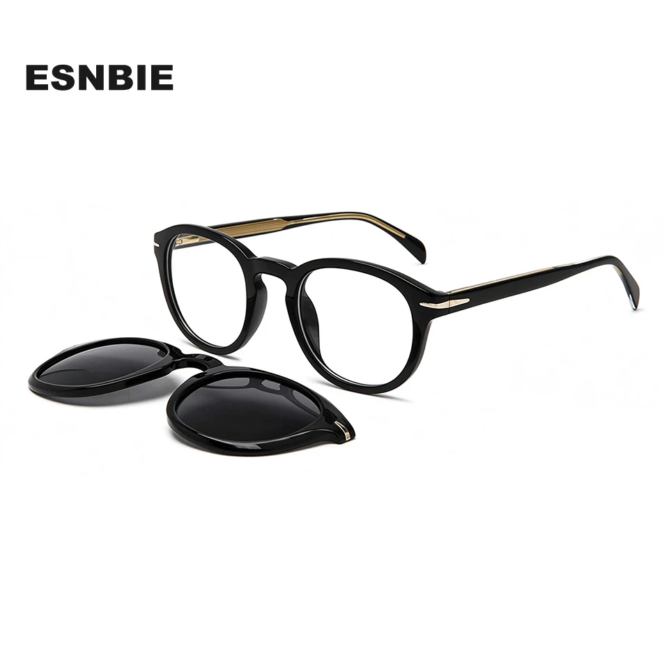 Round Vintage Acetate Clip On Magnet Eyeglass Frames Men With Magnetic Clip-On Sunglasses Polarized Women Optical Myopia Eyewear