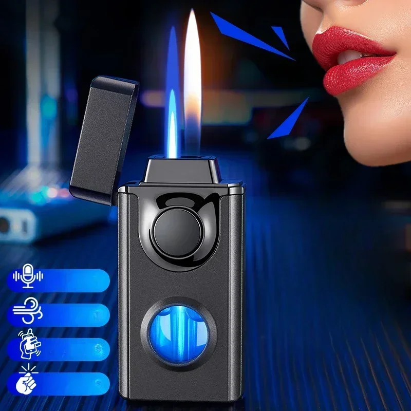 Intelligent Voice Controlled Dual Fire Butane Gas Lighter 4 Ignition Modes Blue Light Visible Gas Window USB Electric Lighters