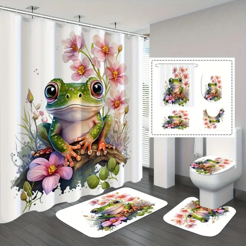 

4pcs Cute Cartoon Big-eyed Green Frog Bathroom Set, Machine Washable, Shower Curtain, Non-slip Bath Mat, U-shape Mat, Toilet