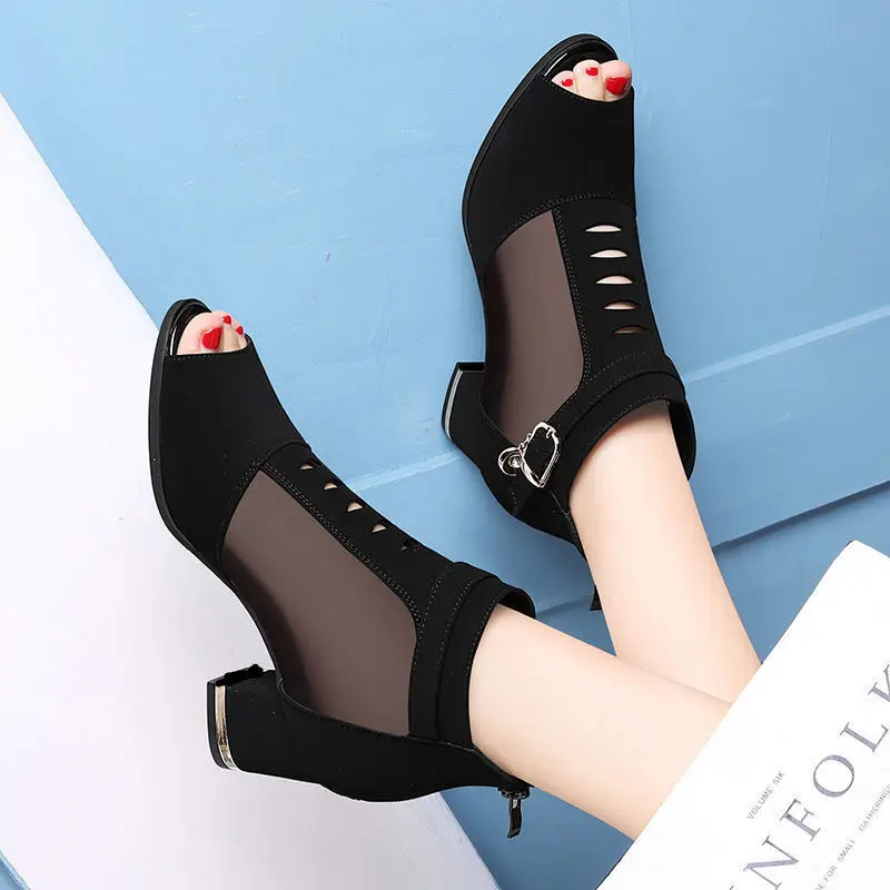 2022 New Women Peep Toe Sandals Boots Women PU Leather Summer Mesh Shoes,Low Heels Back Zip BLACK Dropshipping