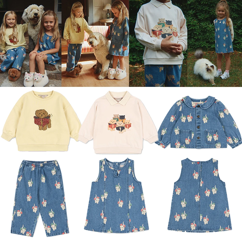 KS Brand New Cute Kitten Printed Denim Dress Kids Clothes Girls Jacket Dog Long Sleeved T-shirt Children's Jeans Children's Set