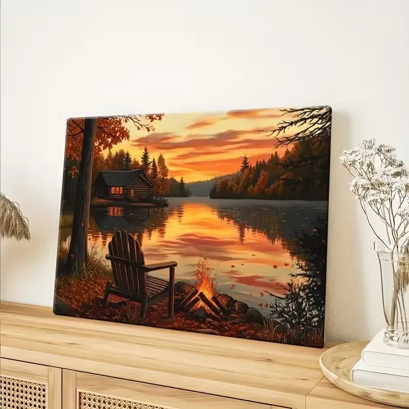Multiple sizes 1pc frameless Canvas Painting,Lakeside Cabin Campfire Lakeside Scenery in Autumn Poster and Prints Canvas Paintin
