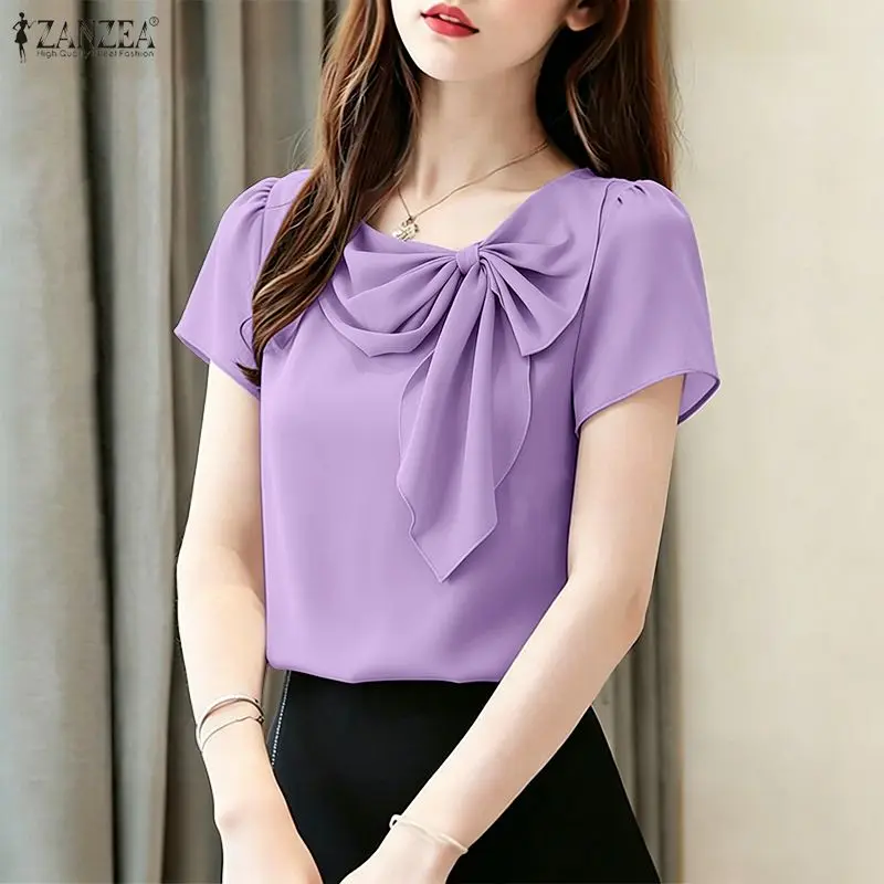 

2026 Summer Blouse ZANZEA Women O Neck Short Sleeve Bows Tops Elegant Solid OL Work Shirt Female Casual Holiday Tunic Mujer