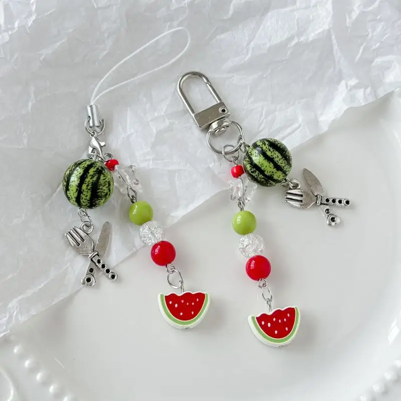 Cute Fruit Keychain Colorful Summer Watermelon Pendant Key Chain Beaded Mobile Phone Anti-lost Lanyard Bag Decorative Keyring
