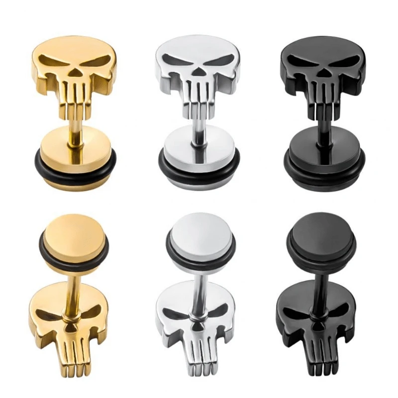 1pc/2pcs Unisex Fashion Punk Charm Titanium Stainless Steel Skull Head Stud Earrings For Men Women Daily Wear Jewelry