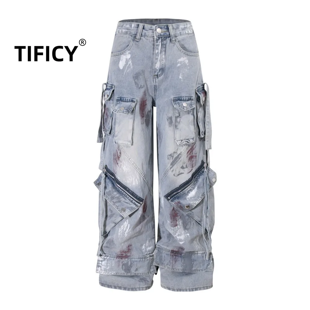 

High Street Retro Heavy Industry Vintage Jeans Pants Men's Streetwear Fashion Wasteland Style Work Denim Pants