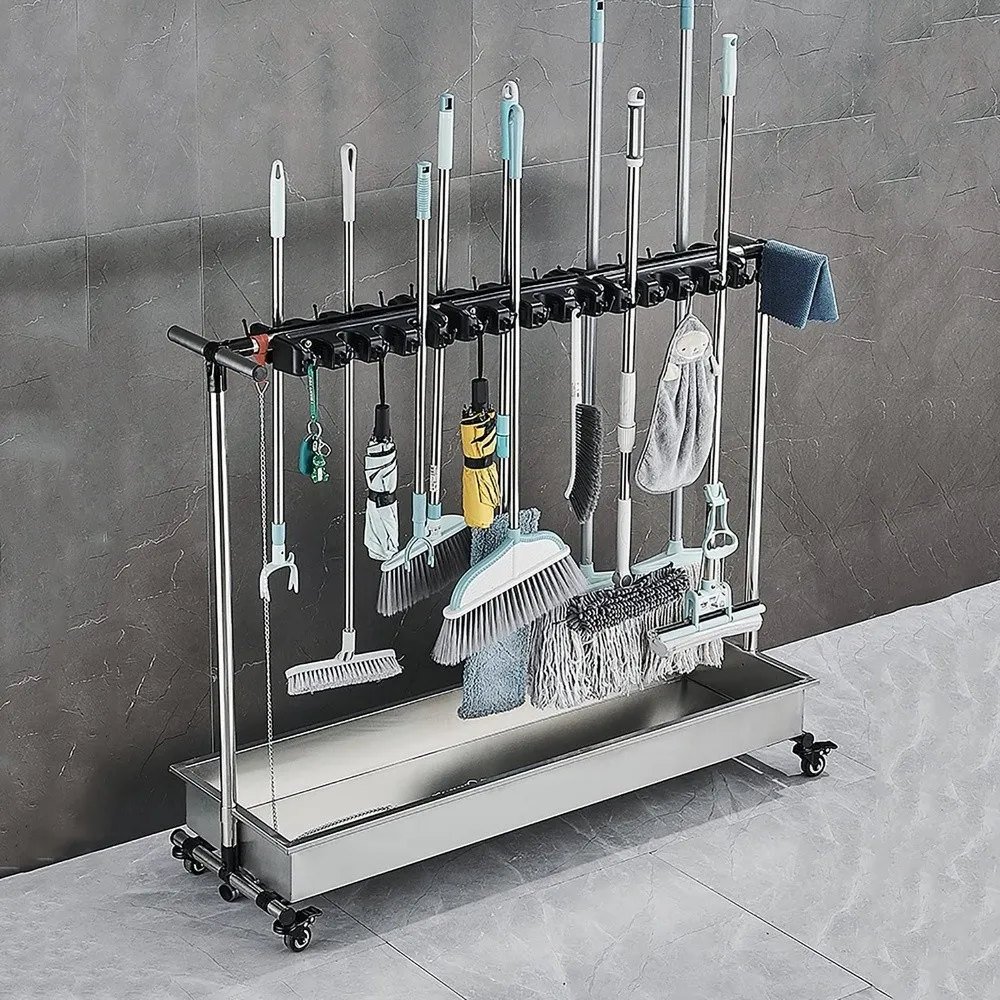 Mop and Broom Holder Movable Broom Organizer Storage Tool Racks Put Wet Mops Floor Standing Cleaning Tool Rack