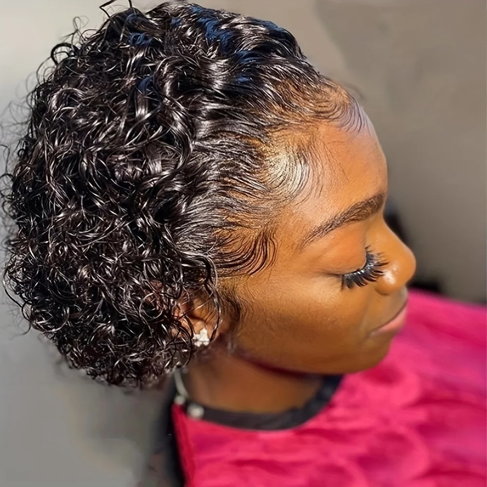 Pixie Curly 100% Human Hair Wigs 13x1 Short Bob Wig Pixie Cut #1B Colored #99J Lace Frontal Human Hair Wigs for Black Women