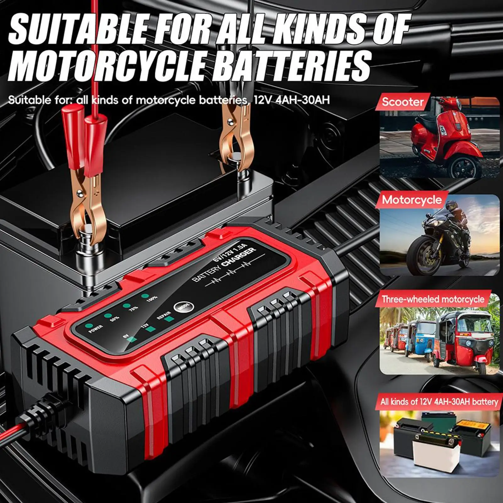 Battery Maintainer Trickle Charger 1.5A 6V/12V Truck Trickle Battery Charger Automatic Tender Maintainer for RV Car Boat Marine