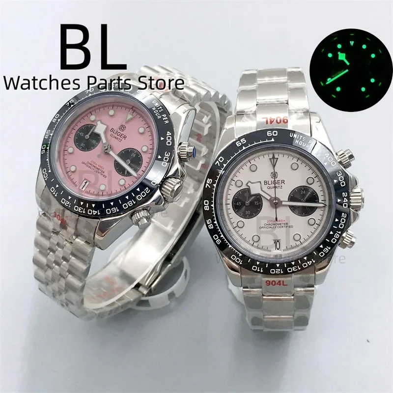 BLIGER 39 mm zwart roze wijzerplaat VK64 maan quartz chronograaf horloge voor heren met 5 wijzers 6 uur datum waterdicht saffierkristal