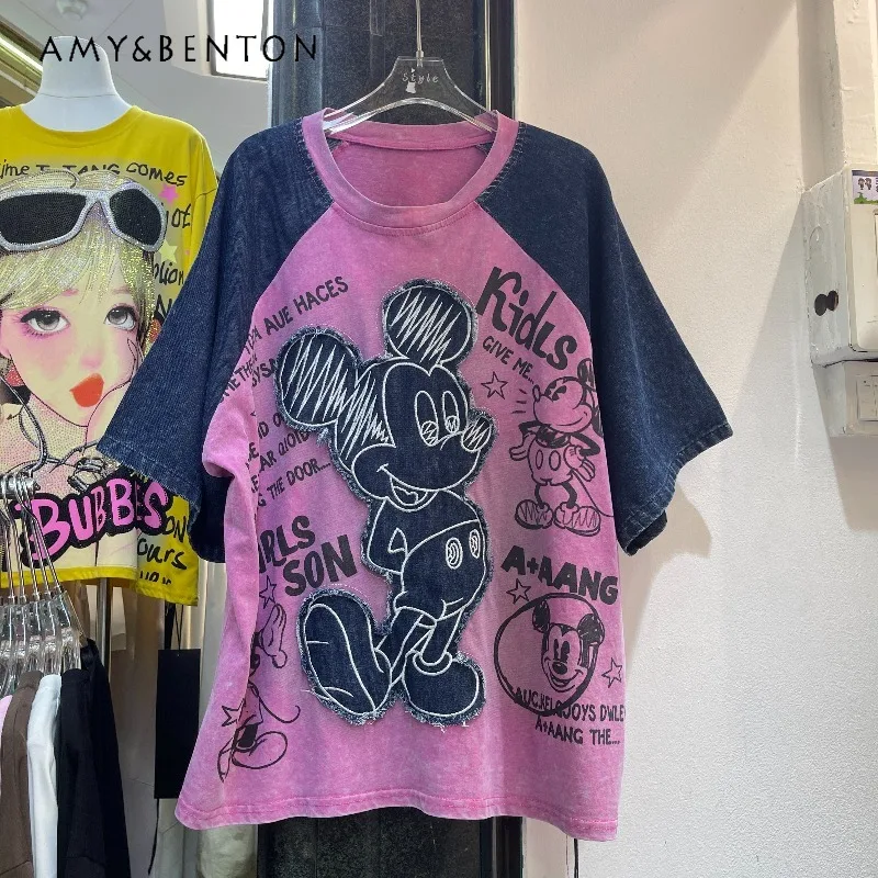 

Trendy Tshirts 2026 Summer Heavy Craft Washed Embroidered Applique Cartoon Oversized Slim-fit Short-sleeved T-shirt Women's Top