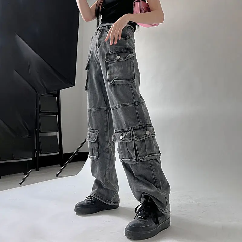 Dżinsy z wieloma kieszeniami i wysokim stanem Y2K New Solid Color Loose Women's High Street Retro Hip Hop Wide-Leg Pants Casual Straight Jeans