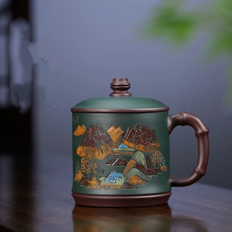 450ml Yixing Purple Clay Mug Handmade Mud Painted Landscape Zisha Tea Cup With Lid Bamboo Handle Office Home Tea Cup