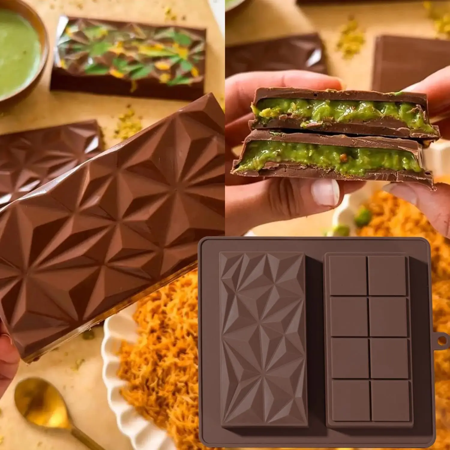 Deep Chocolate Bar Mold Silicone 1Inch Dubai Pistachio Chocolate Bar Thick Mold for Stuffed Bar Large Candy Bar Mold for Filling