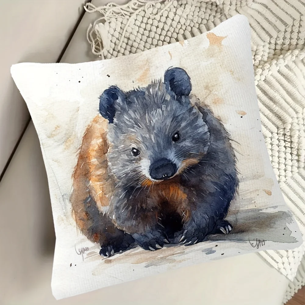1pc Cute Quokka Pillow Cover, Polyester 2D Double-Sided Print, Watercolor Happy Quokka Art, Animal Lover Home & Car Decor Gift