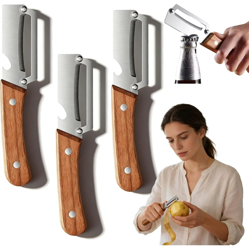 Pelador de acero inoxidable con mango de madera para pelar frutas y verduras, herramienta de cocina ergonómica de funcionamiento suave, 1/3/5 Uds.
