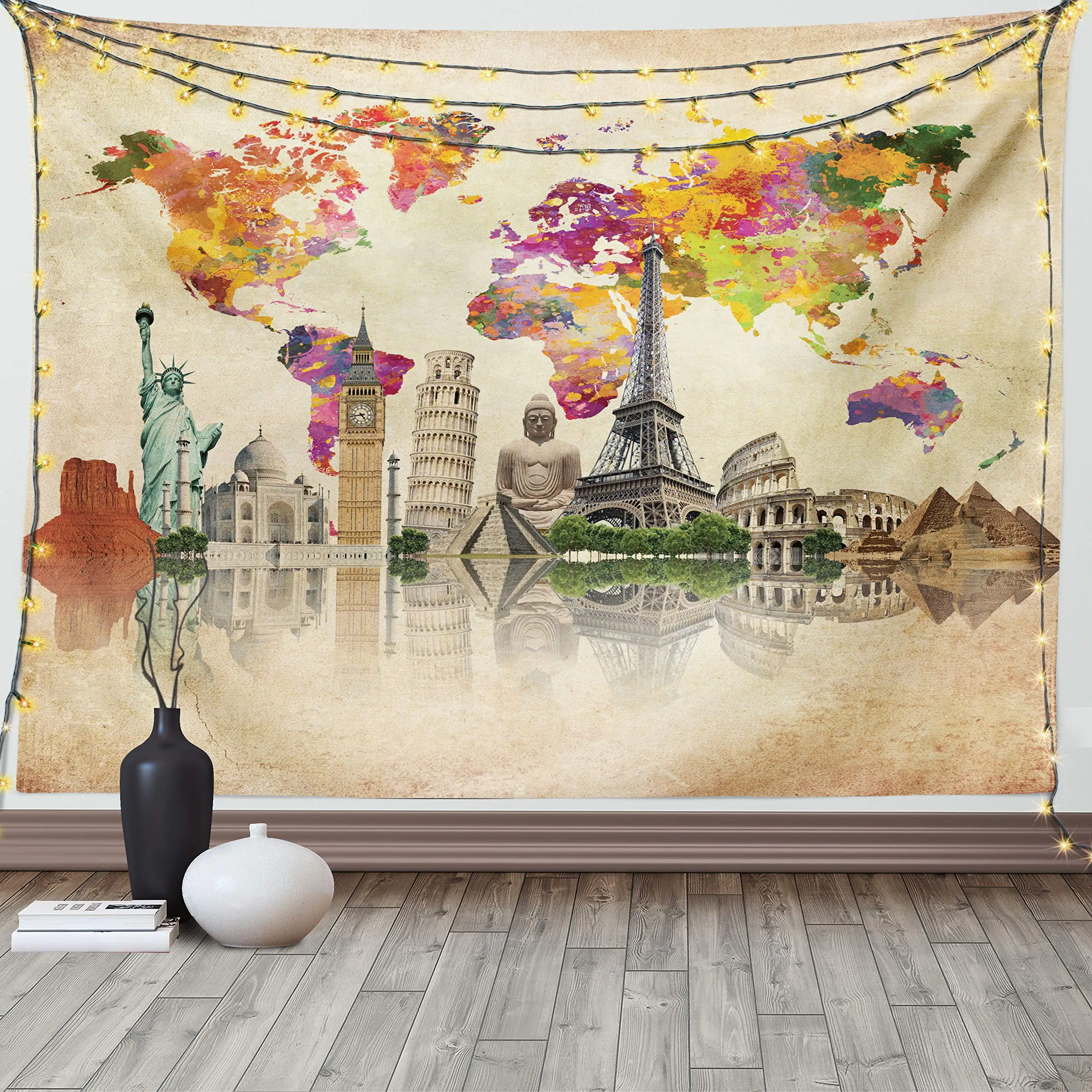 Travel Tapestry,Landmarks of The World 7 Wonders Europe Asia and America Abstract Map Wall Hanging for Bedroom Living Room Dorm