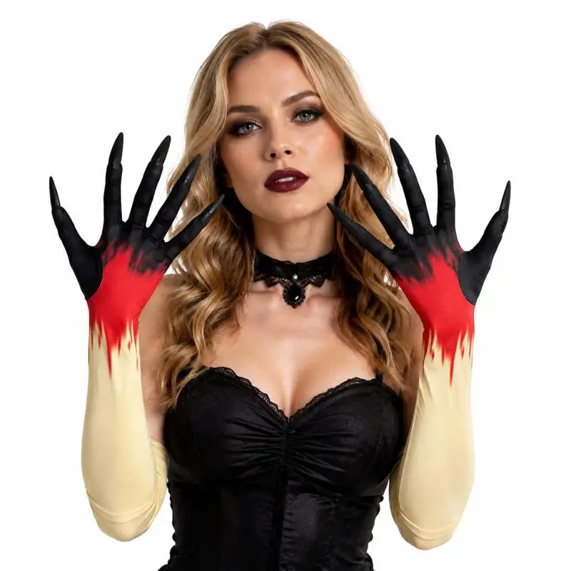 Halloween Long Claw Gloves Bloody Print Ghost Monster Hand Covers Cosplay Accessories Scary Finger Nail Mittens For Horror Theme