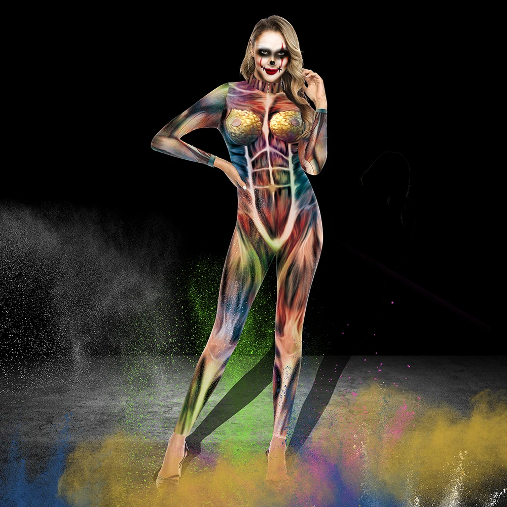 Colorful Muscle Pattern Jumpsuit Spandex Elasticity Skinny Bodysuit Party Catsuit Halloween Day of The Dead Cosplay Costume