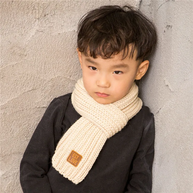 2022 Winter Children Colors Soft Knitting Wool Thermal Scarf Boys Girls Lovely Outdoor Warmer Scarf Kids Solid Labelled Scarf