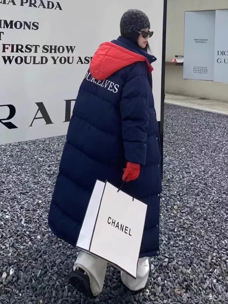 

Thickened Down Jacket Fashion Casual High Quality Parker Winter Little Red Riding Hood Loose Long White Duck Downs Coat Women