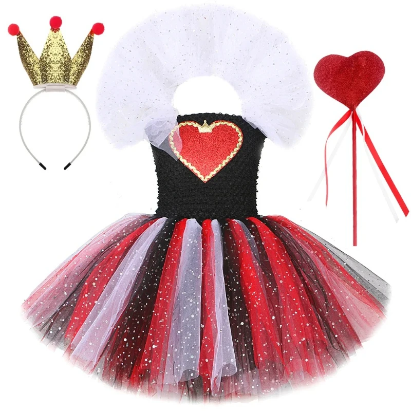 Queen of Heart Tutu Costume Black Glitter Dress Red Heart Applique Layered Sparkle Tulle Skirt Crown Heart Wand Party Outfit view 2