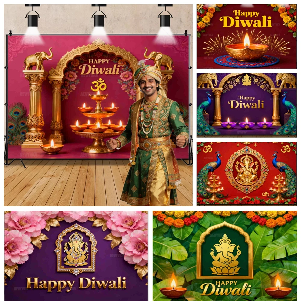 

Divine Ganesha and Diwali Backdrop Peacock Marigold Garland for Pooja Decor Photo Booth Background Hindu Festival Photography