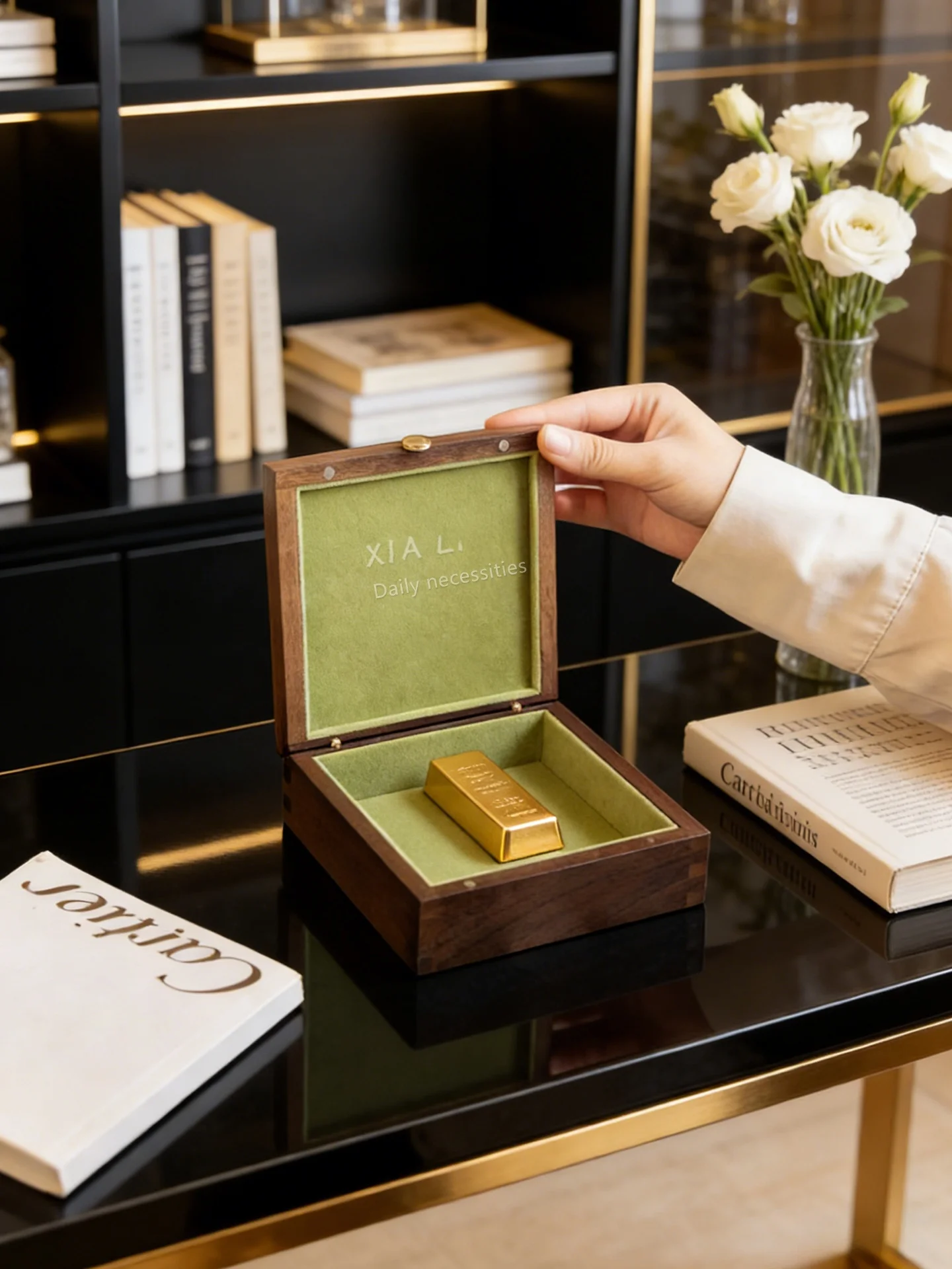 High End Luxury Gold Bar Storage Box Black Walnut  Wood Jewelry Box Vintage Style Lockable Handmade Craftsmanship
