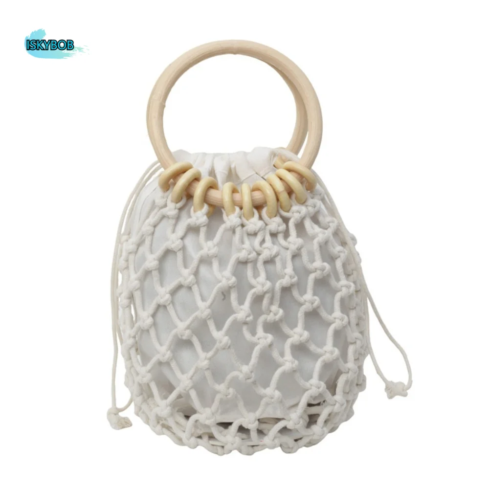 

Ins Weaving Straw Woven Handbag Handmade Korean Style Bucket Tote Bag Niche Design Elegant Woven Beach Bag Outdoor