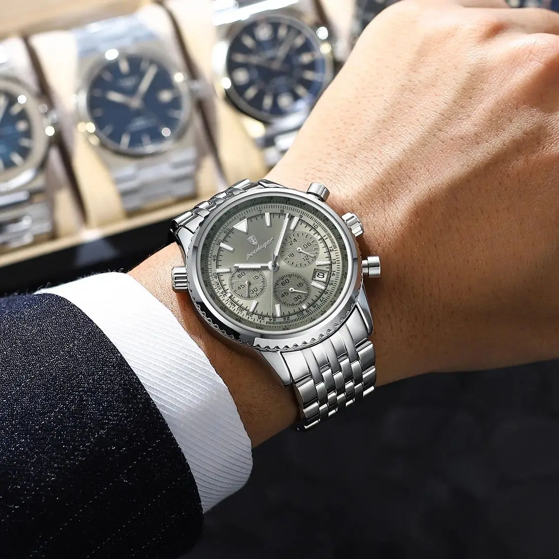 POEDAGAR ساعة رجالية عصرية فاخرة من الفولاذ المقاوم للصدأ مقاومة للماء كوارتز مضيئة ساعة رجالية تاريخ كرونوغراف ساعات رجالية عسكرية