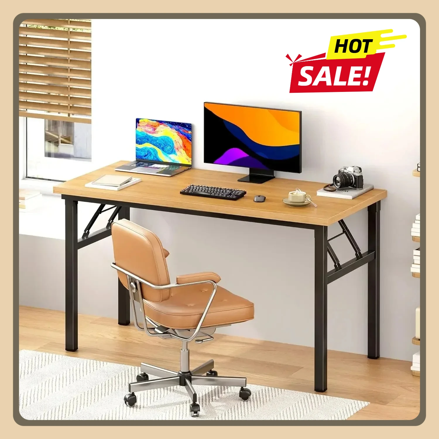 

47 inches Folding Table Computer Desk, Fully Assembled Teak Portable Activity Table Conference Table Home Office Desk
