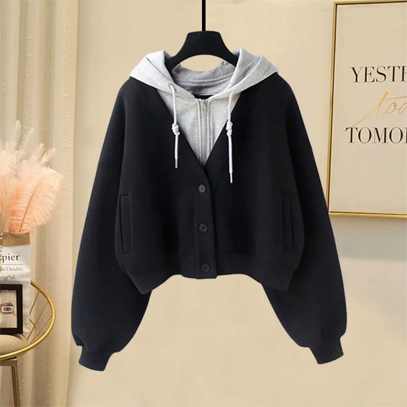 Women Spring Autumn New Korean Coat Hooded Fake Two-piece Pullover Sweatshirt Jacket Stitching Design Sense Outwear Top Ladies