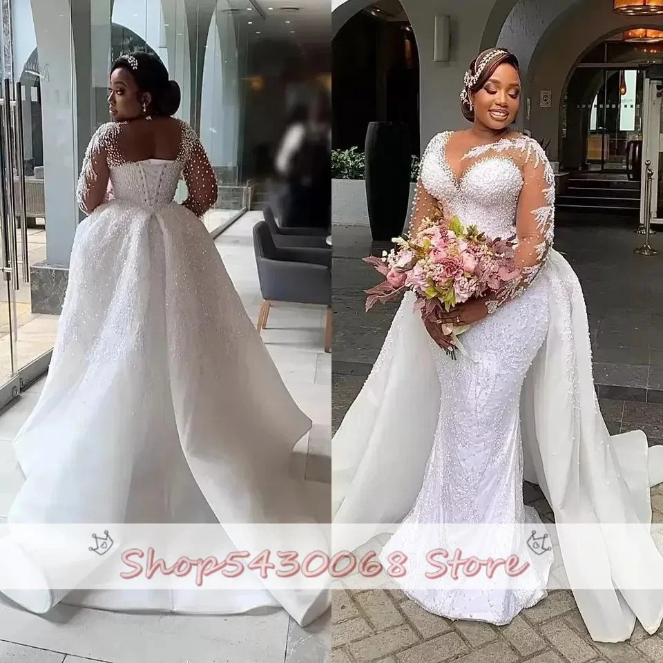 Pearls Beaded Luxury Mermaid Wedding Dresses Long Sleeves African Bridal Gown With Detachable Train White Satin Vestido De Novia