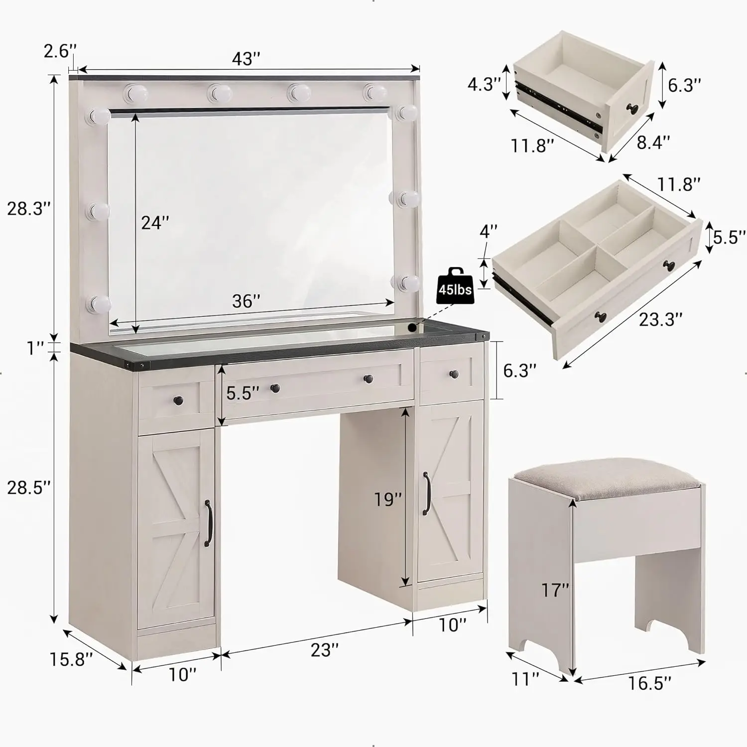 Farmhouse Maquiagem Vanity Desk com espelho e luzes, Vanity Set, Glass Tabletop, 3 gavetas, 2 armários, fezes incluídas, 43"