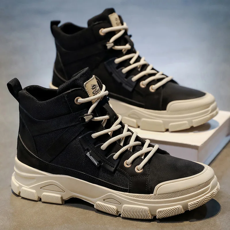 Men Two-tone Canvas High Top Work Boots, Lace Up Chunky Non Slip Platform Sneakers For Hiking Camping Daily Street Commute